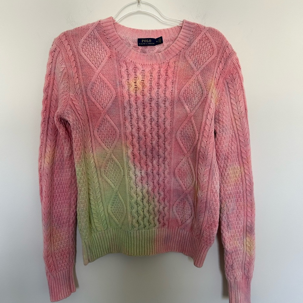 Polo Ralph Lauren Pink Tie Dye Cable Knit Sweater Wool Blend Size Medium